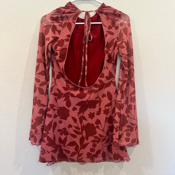 Y2K Style Burgundy Floral Long Sleeve Blouse w/ Sheer Sleeve & Open Back | Sz XS - Picture 4 of 7